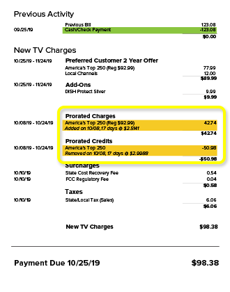 example bill with a section highlighting prorated charges