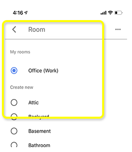 List of available rooms to assign to receiver, with back arrow above