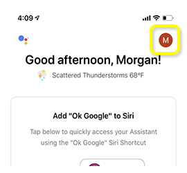Account menu circle on main page of Google Assistant app