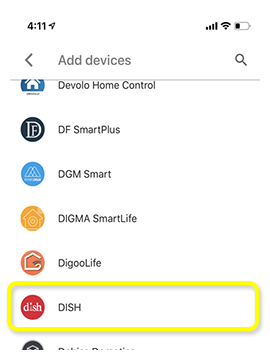 List of device options including DISH