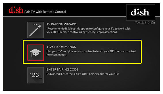 Teach Commands option (use the remote to move up and down through the list of options)
