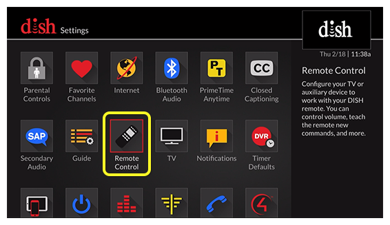 Remote Control option in the Settings menu grid