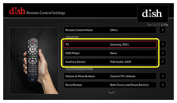 List of controllable devices like TV or DVD player (use the remote to move up and down through the list of options)