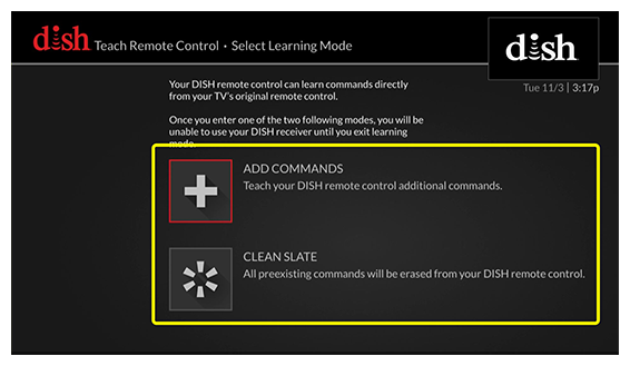 Learning Modes - Add Commands or Start from a Clean Slate (use the remote to move up and down through the list of options)