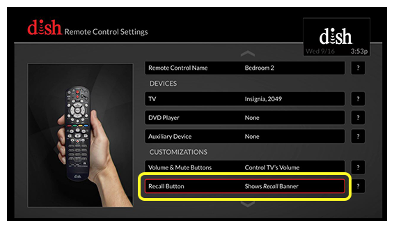 list of remote control settings (use the remote to move up and down through the list of options)