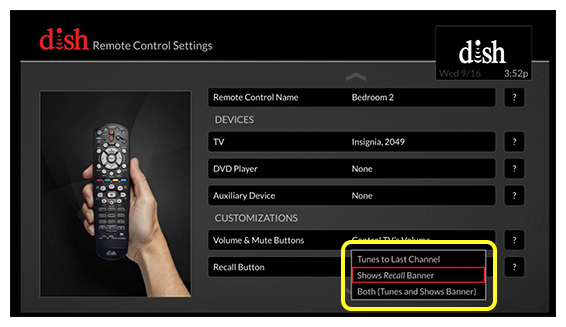 list of recall button preferences (use the remote to move up and down through the list of options)