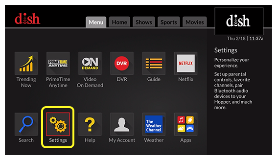 Settings option in the Hopper menu screen