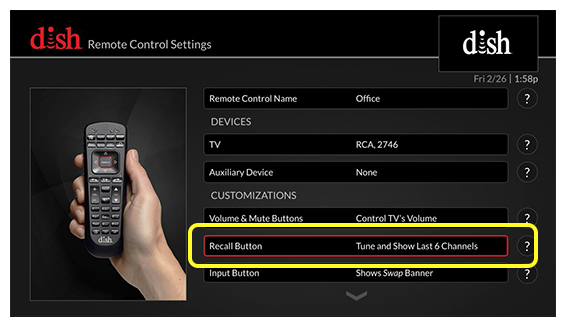 list of remote control settings (use the remote to move up and down through the list of options)