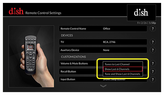 list of recall button preferences (use the remote to move up and down through the list of options)