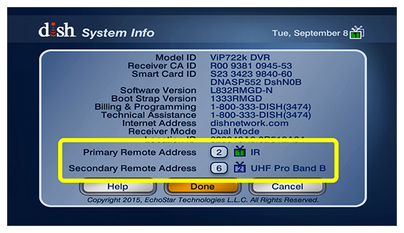 Remote control addresses in System Info screen