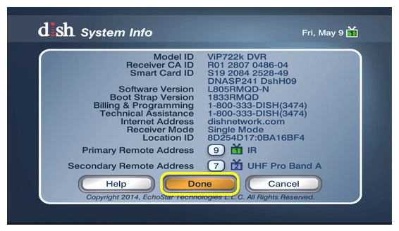 Done button at bottom of System Info screen