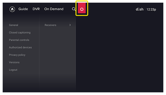Settings icon on home page of DISH Anywhere app on Fire TV