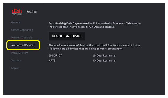 Authorized Devices menu option under Settings in DISH Anywhere app on Fire TV