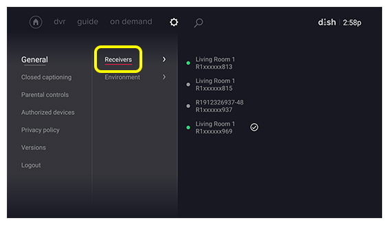 Receivers menu option in Android TV app