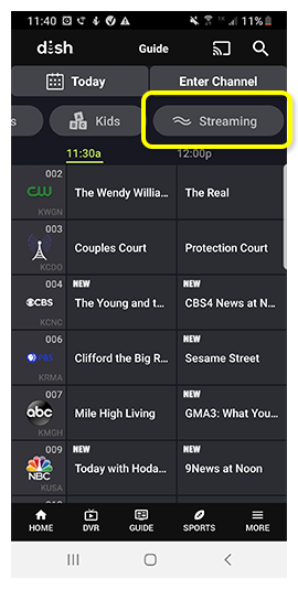 'Streaming' button at top of Channel Guide in DISH Anywhere phone app