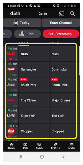 live streaming channel guide in DISH Anywhere phone app