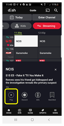PLAY button on a program in DISH Anywhere phone app