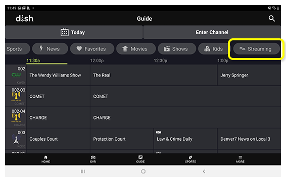 'Streaming' button at top of Channel Guide in DISH Anywhere app