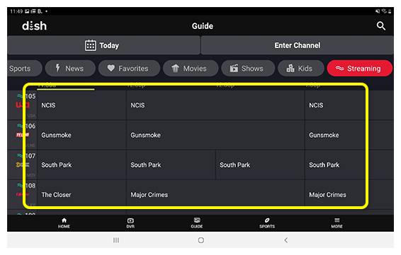 live streaming channel guide in DISH Anywhere app