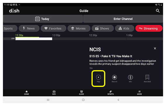 PLAY button on a program in DISH Anywhere app