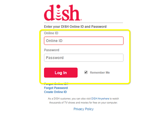 Web browser with DISH's login form