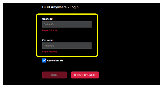 DISH Anywhere website login form with fields for Online ID and Password