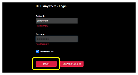 Login button below DISH Anywhere website login form