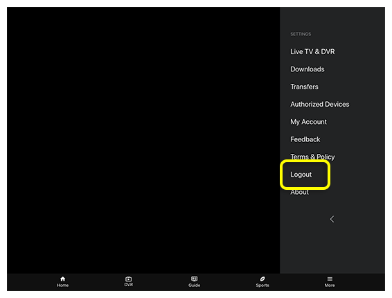 Logout menu option in the DISH Anywhere App