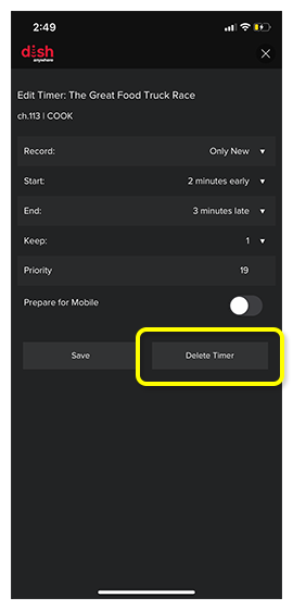 Delete button on a timer settings page