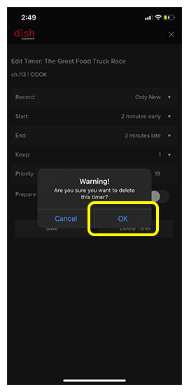 Popup to confirm you want to delete this timer