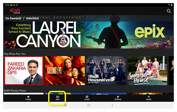DVR navigation option at the bottom of the DISH Anywhere tablet app