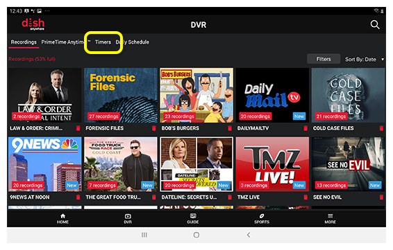 List of DVR categories including Recordings, Timers, and Daily Schedule