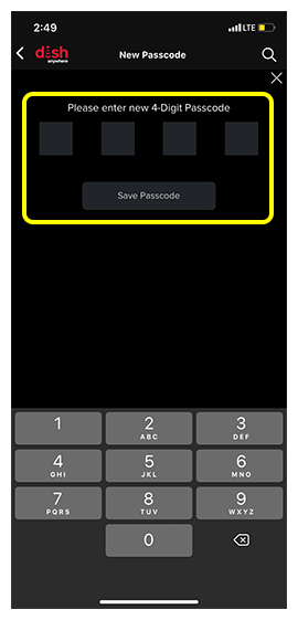 Numeric keyboard to enter four digits for new passcode