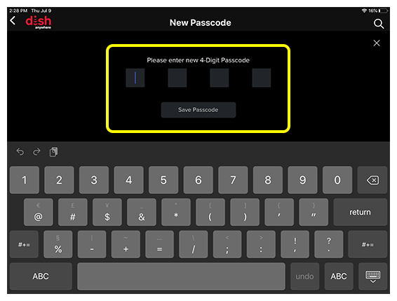 Numeric keyboard to enter four digits for new passcode