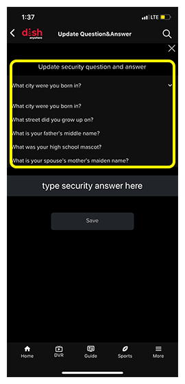 List of possible security questions like 'What city were you born in?'