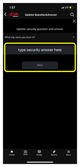 Text field to enter a security answer, with a Save button