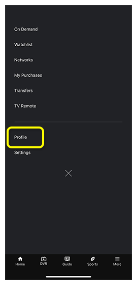Profile menu option in DISH Anywhere phone app