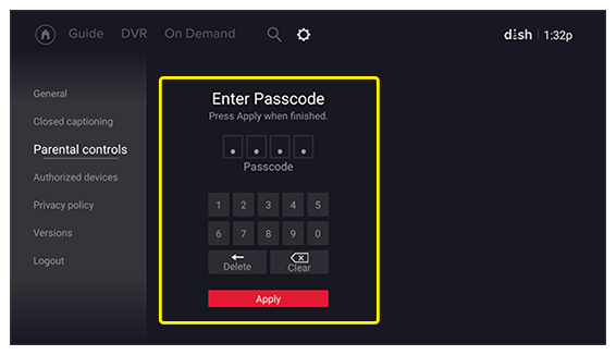 Four-digit passcode entry on TV screen