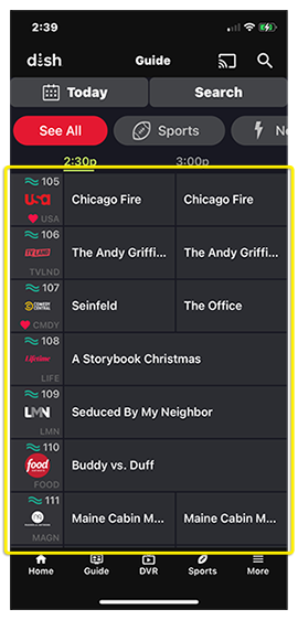 Channel guide in the DISH Anywhere phone app