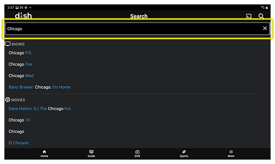 Search term entered in the search bar at the top of the DISH Anywhere tablet app