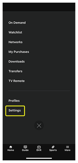 Settings menu option in the DISH Anywhere phone app
