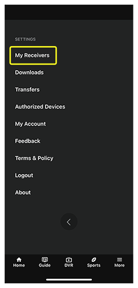 'My Receivers' menu option in the Settings menu