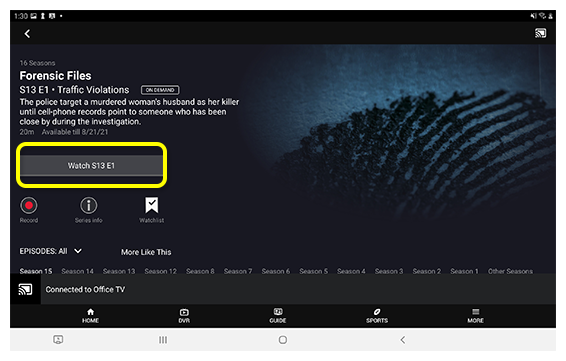 Play button on selected program in DISH Anywhere app