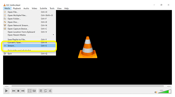 Media menu in VLC with Stream option selected