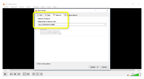  Network tab in VLC stream options with text field for URL