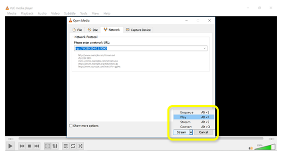 VLC stream dropdown menu with Play option selected