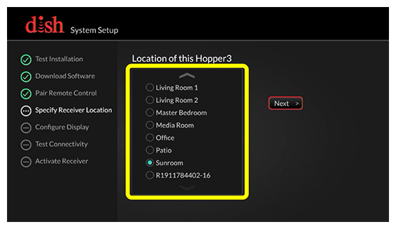 System setup screen with list of location choices