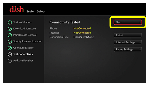 Hopper connection test completed with Next button