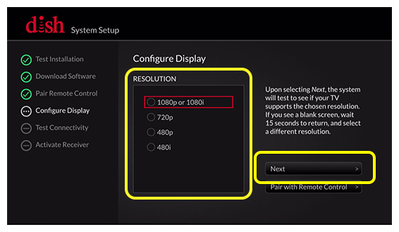 System setup screen with list of resolution choices