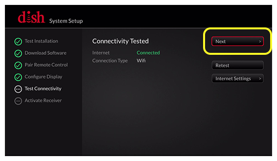 Wally connection test completed with Next button